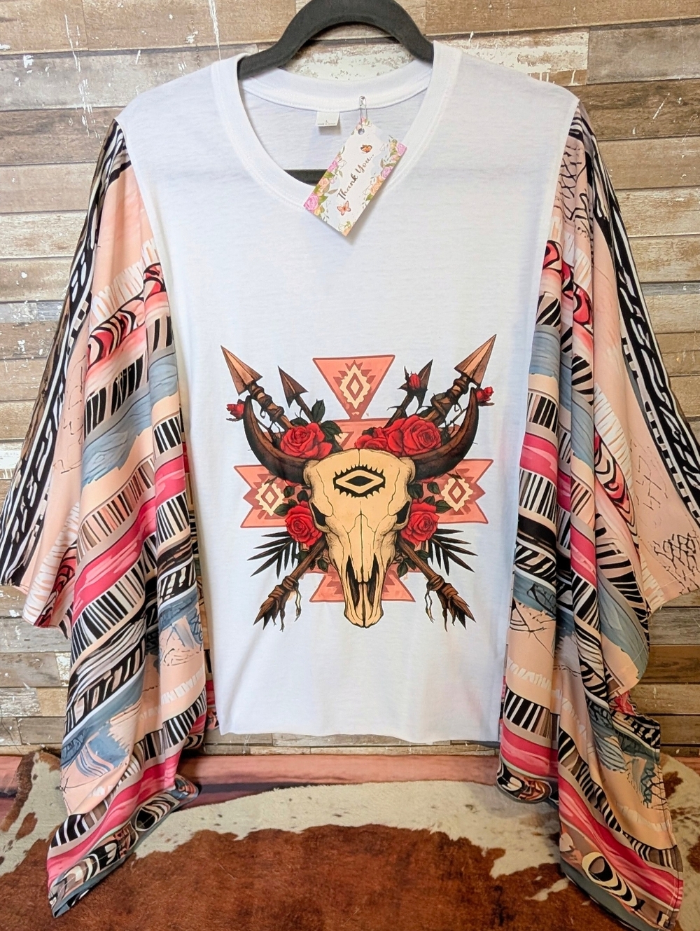 New Handcrafted Boho Southwestern Bull Graphic W Bat Winged Sleeves